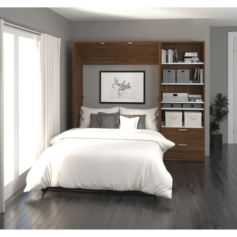 Oak Barrel / Bark Grey / Rustic Brown & White Full Murphy Bed with Closet Organizer & LED Lights – 89