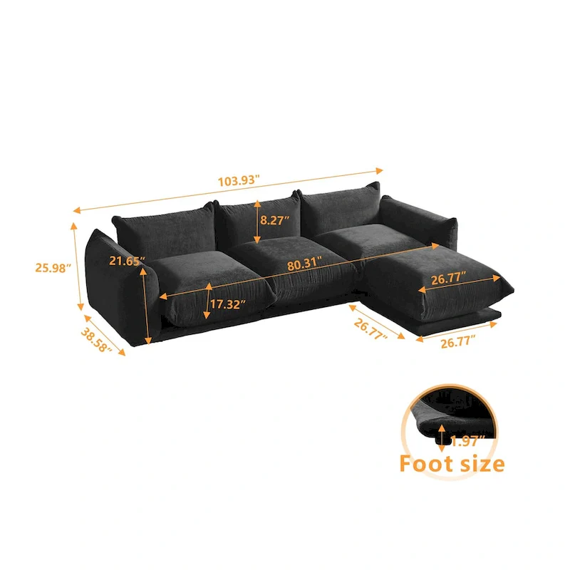 Modern Black Chenille Sectional Sofa Comfy Modular Couch with Ottoman