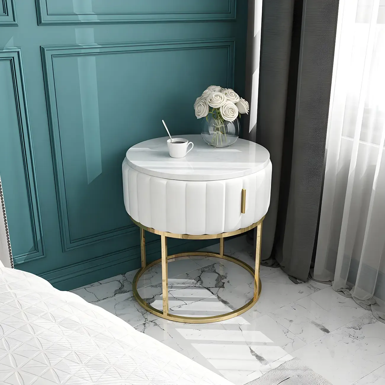 Glam Genuine Marble Nightstand with Drawers & Metal Base