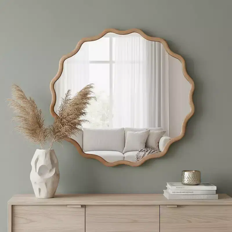 MAYEERTY 30 inched Wood Frame Wavy Round Decorative Mirror for Bedroom Bathroom Living Room Entryway Natural