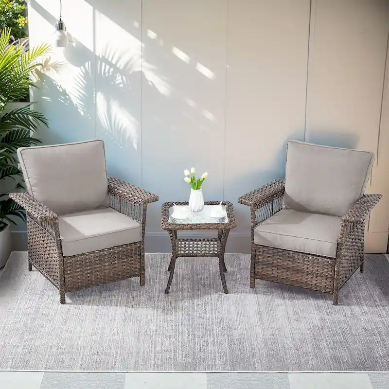 3 Pieces Patio Set Outdoor Wicker Furniture Sets - Brown