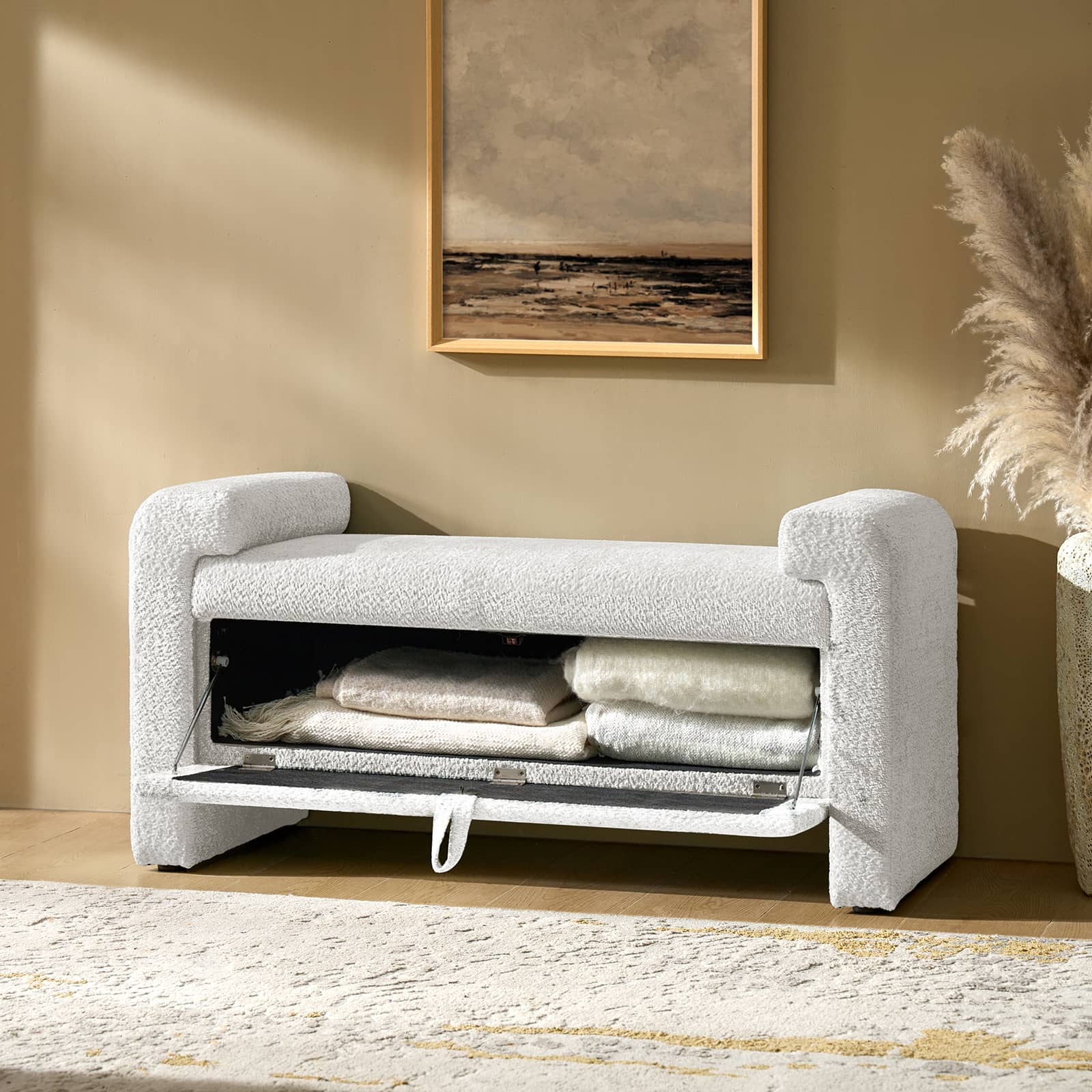 Boucle Fabric Bench with Drop-Down Drawer Storage & Solid Wood Legs | Ivory / Black / Sage | Single