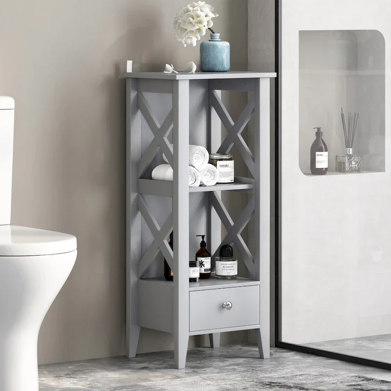 Floor Storage Rack with Drawer – Grey / White, Cross-Frame, For 1 Household