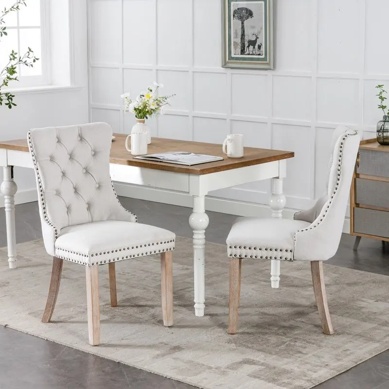 Tufted Upholstered Linen Dining Chair with Solid Wood Legs, Set of 2