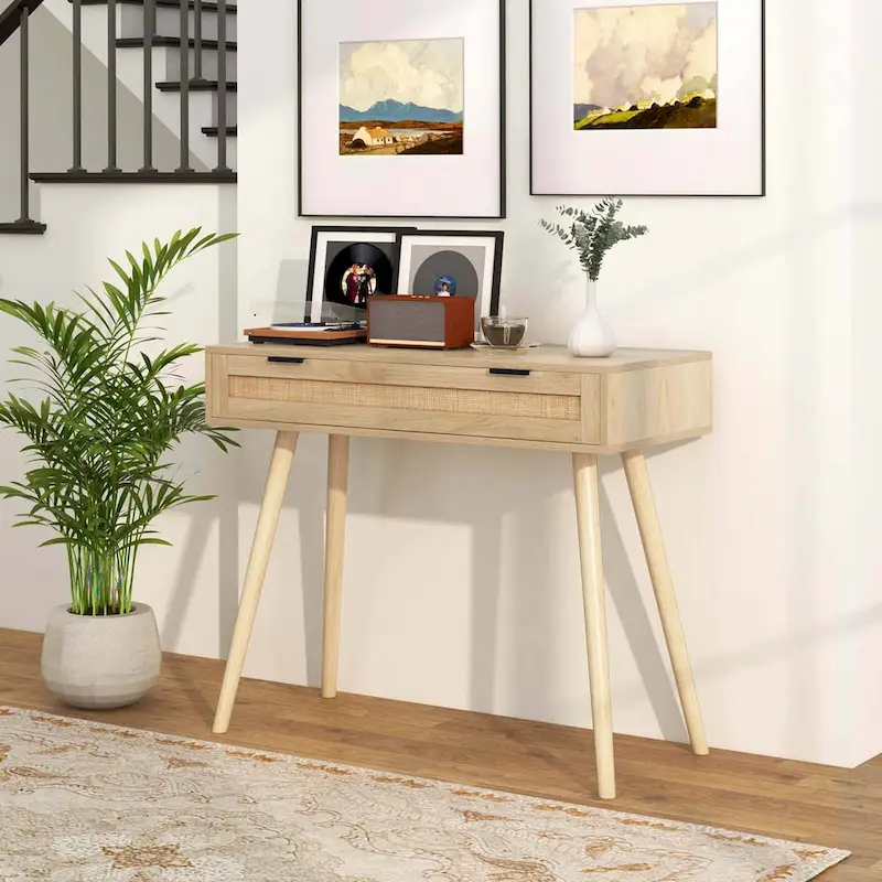 Costway Rattan Console Table with Pull-out Drawer Boho Style Entryway - See Details