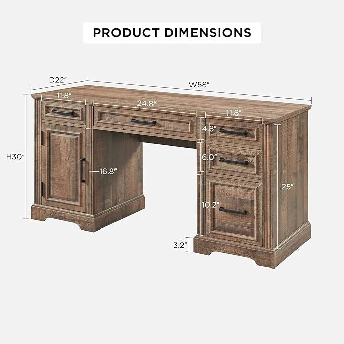 58  Large Computer Desk with Drawers, Embossed Texture Office Desk