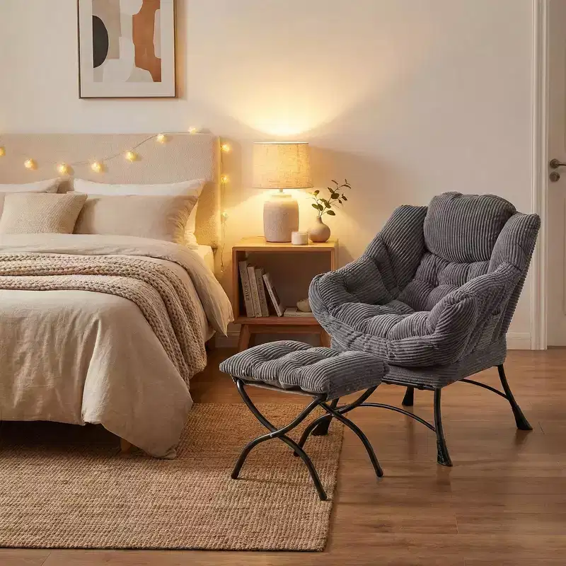 FurnitureR Corduroy Lounge Chair with Ottoman, Upholstered Accent Chair with Metal Frame & Side Pocket, Cozy Reading Chair for Living Room or Bedroom