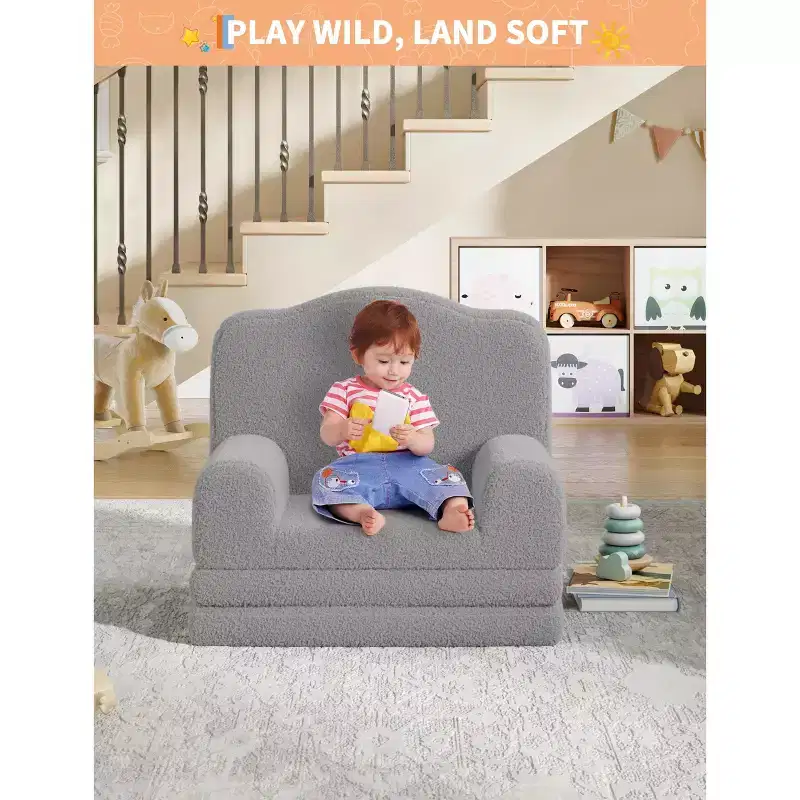 2-in-1 Kids Convertible Sofa & Lounger, Machine Washable Teddy Fleece Toddler Couch Bed, Soft Fold Out Couch Lounger for Kids, (Crown)