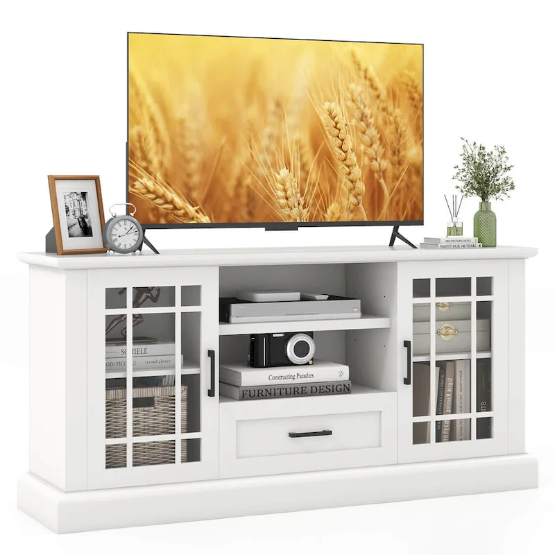 White Farmhouse TV Stand with Glass Doors for TVs up to 70