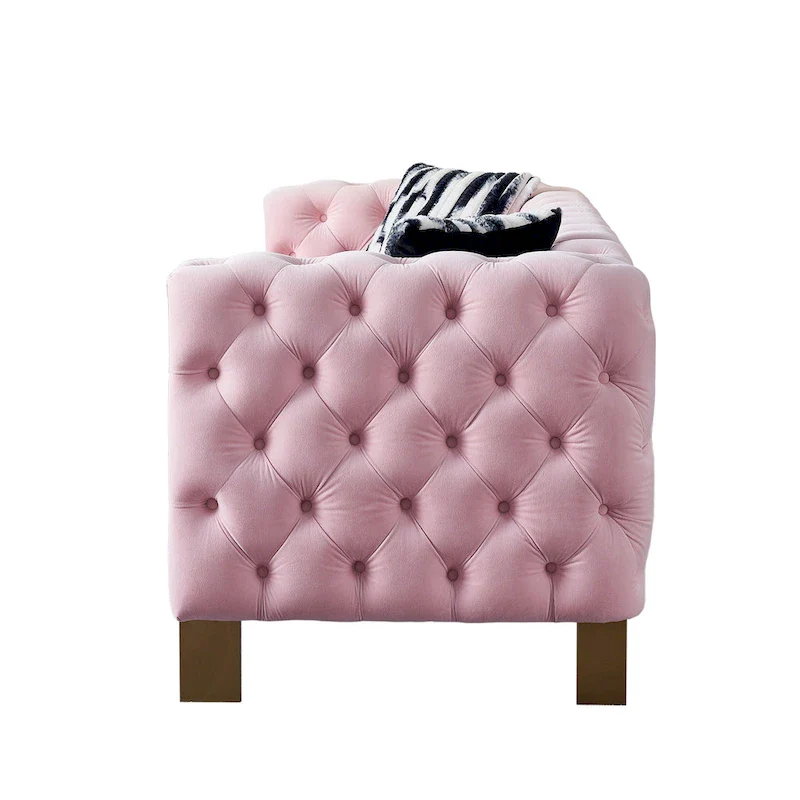 84.25 Luxurious Tufted Velvet Upholstered 3-Seater Sofa with Golden Metal Armrest Design and Buttoned Tufted Backrest