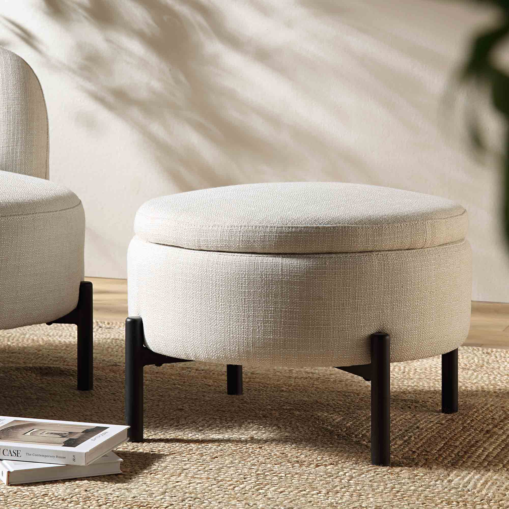 Round Storage Pouffe, Beige Linen Blend