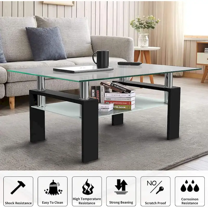 Rectangle Coffee Table Glass Tabletop with Lower Shelf