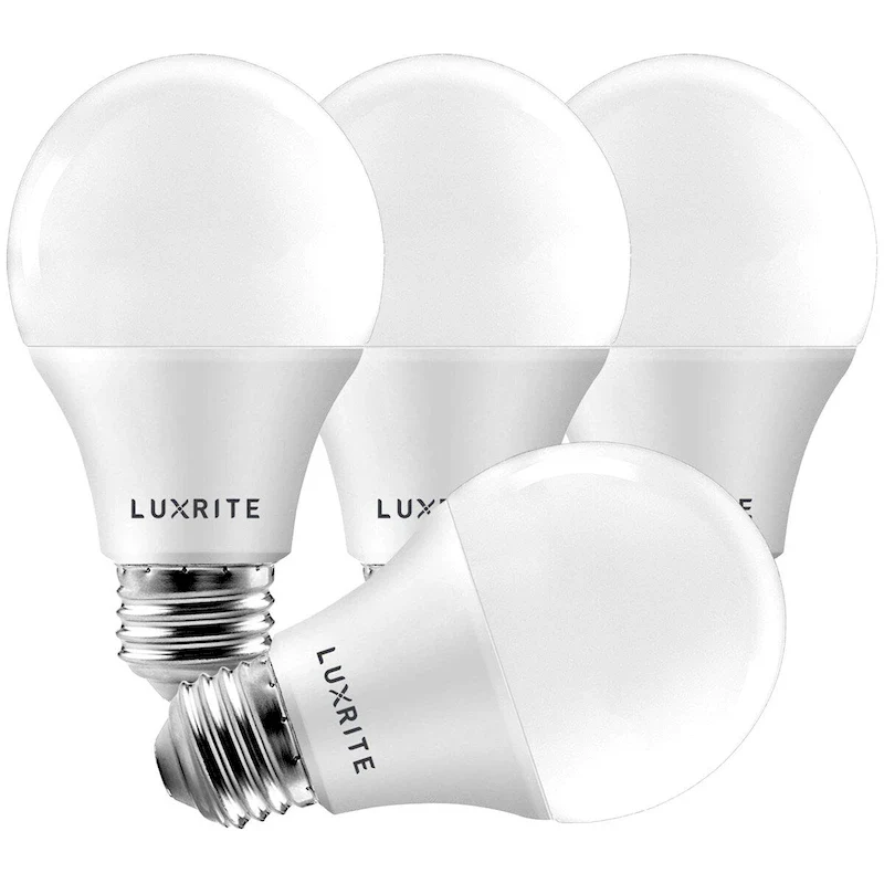Luxrite A19 LED Light Bulb 60W Equivalent 3500K 800 Lumens Dimmable 9W Enclosed Fixture Rated E26 Base 4 Pack