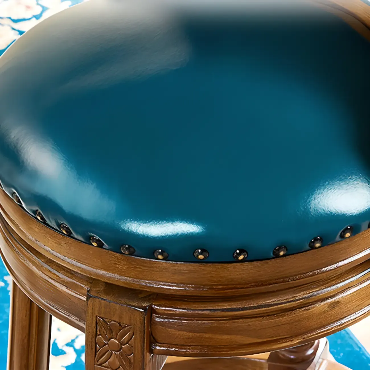 Traditional Blue Faux Leather Swivel Round Bar Stools