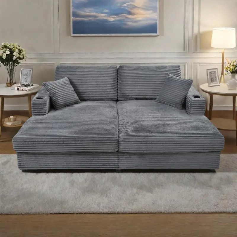 86.5  Corduroy Chaise Lounge Sofa Bed with USB Ports, Cup Holders and 8  Thick Cushions