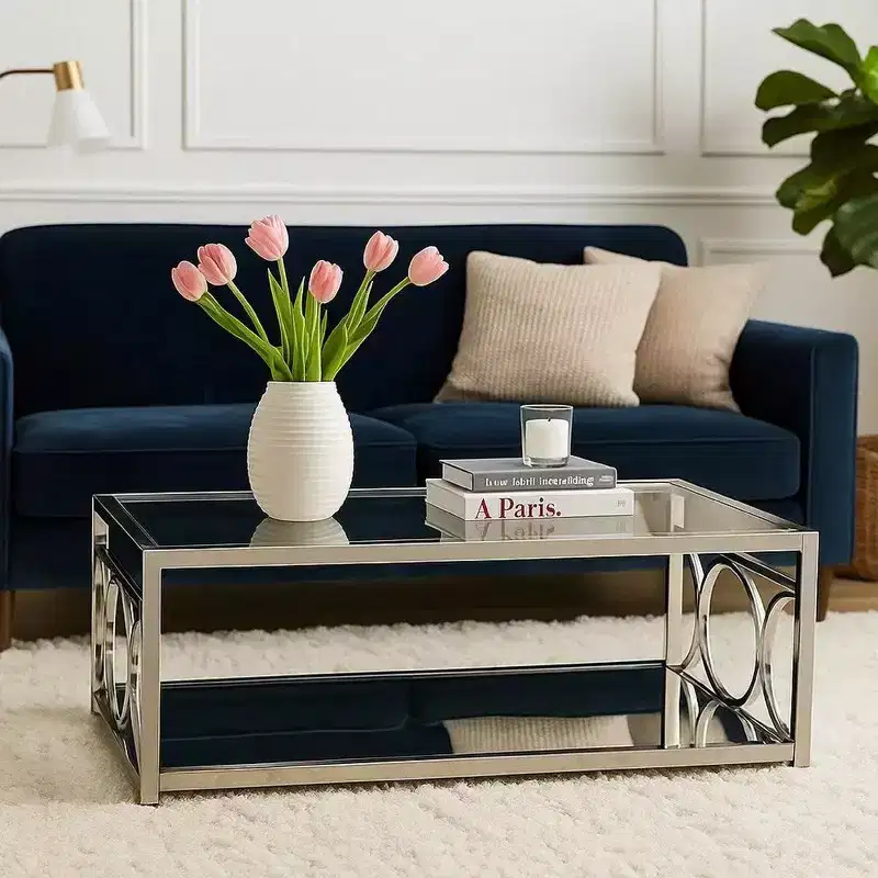 Royal Hampton 47 Inch Coffee Table, Glass Top, Mirrored Bottom Shelf, Metal Accents