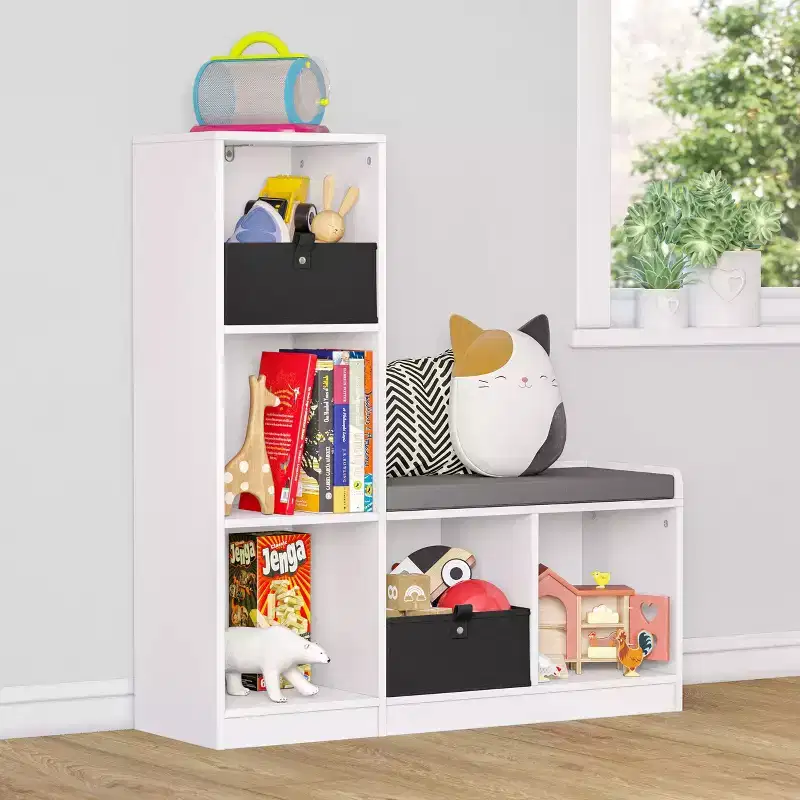 RiverRidge Kids' Bench with 5 Toy Cubby Storage Shelves and Cushioned Seat for Reading Nook and Playroom Storage Organization White