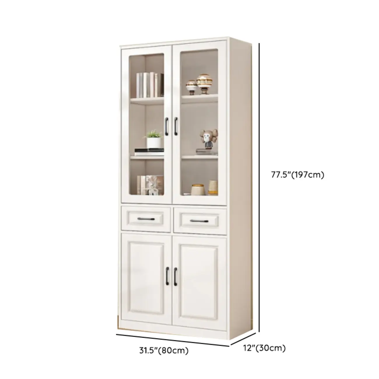 Rectangular White Wood Vertical Display Bookcase with Drawers
