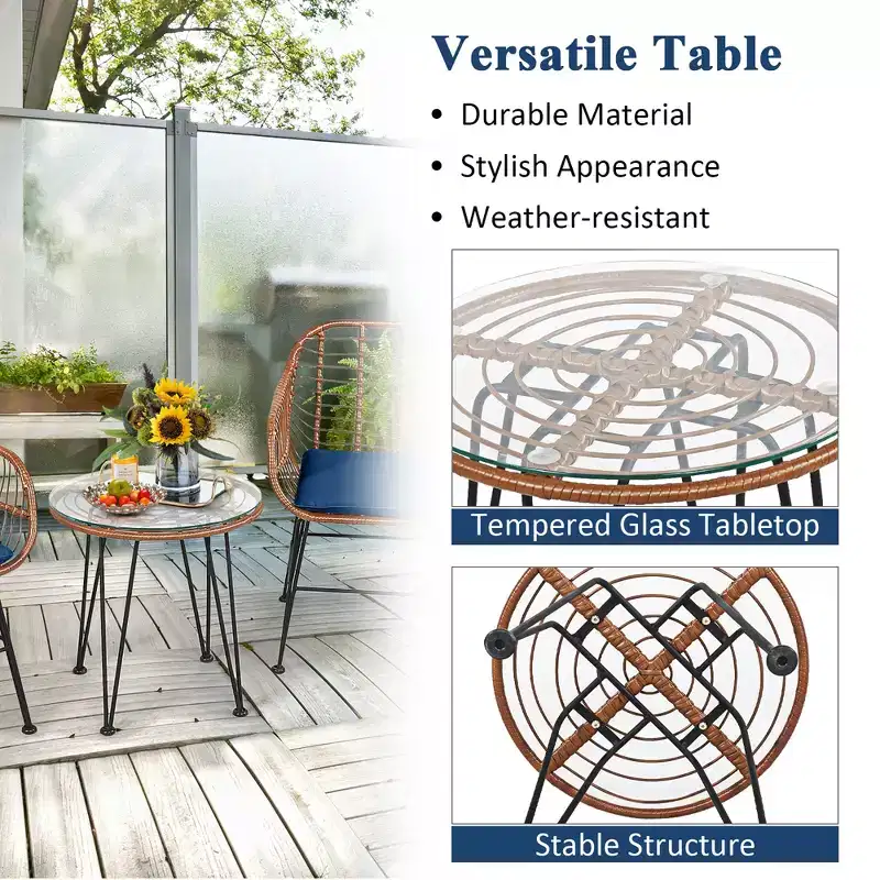 Costway 3PCS Patio Rattan Bistro Set Coffee Table Armchair Garden