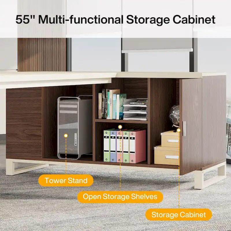 Walnut L-Shaped Executive Desk with File Cabinet