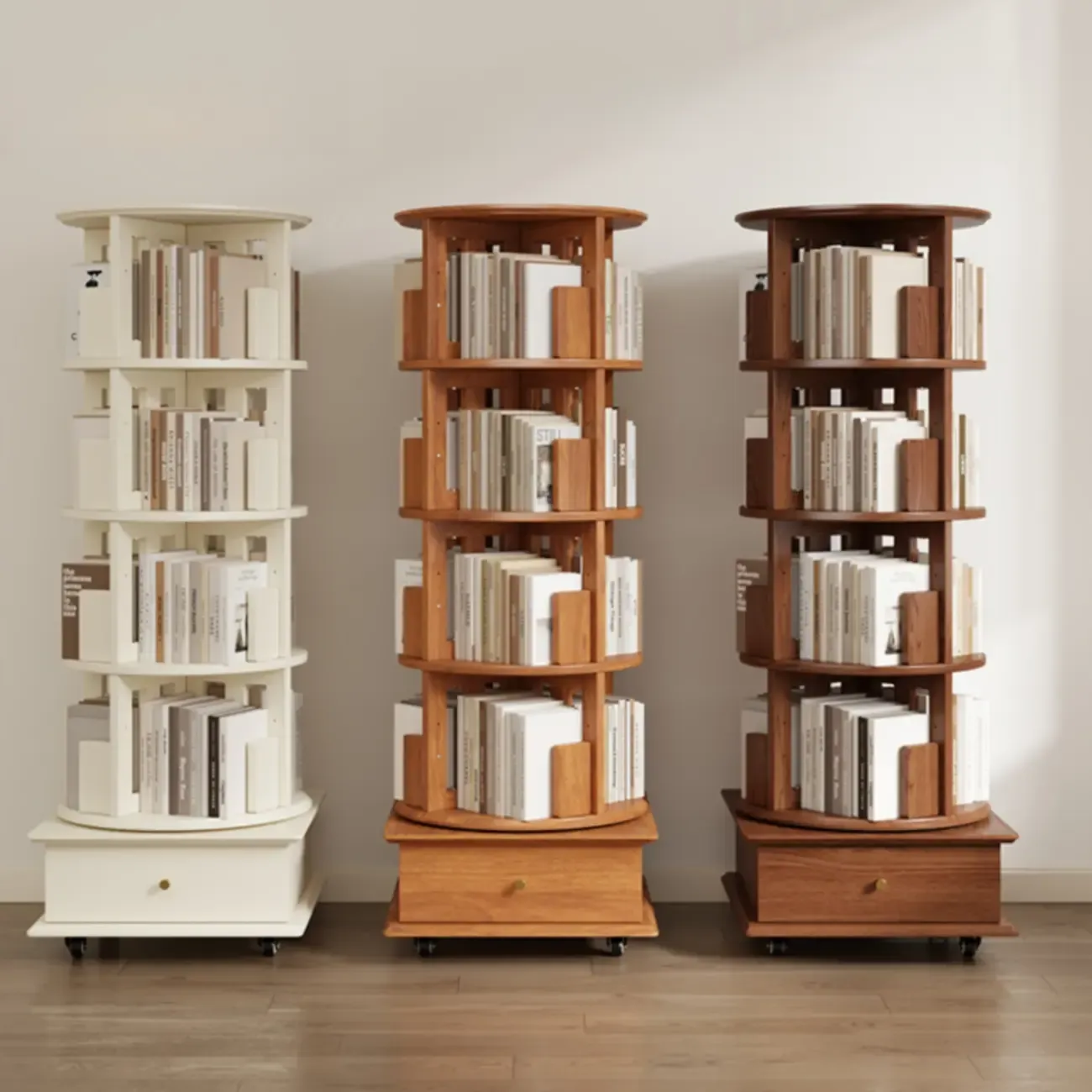 Cylindrical Movable 360° Rotating Wooden Bookshelf with Drawer