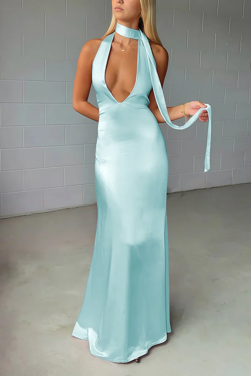 Yellow - Halter Deep V Neck Satin Sheath Backless Long Prom Dresses