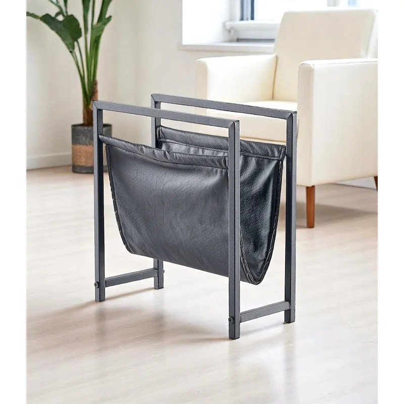 Freestanding Matte Metal Frame Leatharette Sling Magazine Holder