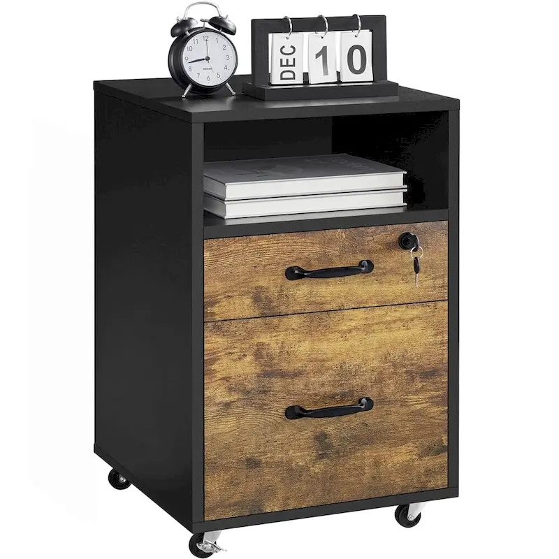 Black/Rustic Brown Rolling File Cabinet with 2 Drawers & Open Shelf