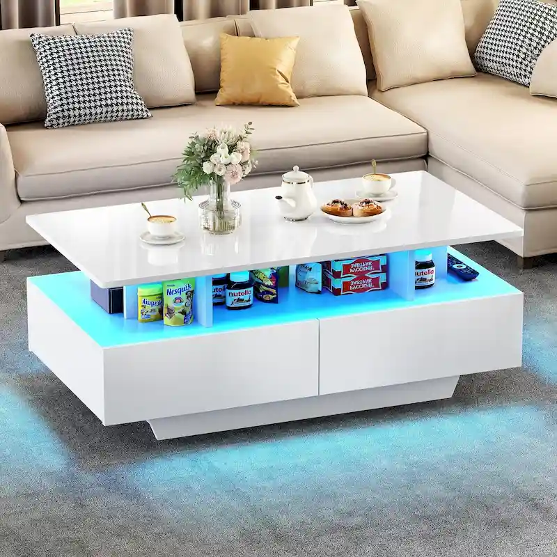 Modern Coffee Table with Storage High Glossy LED for Living Room
