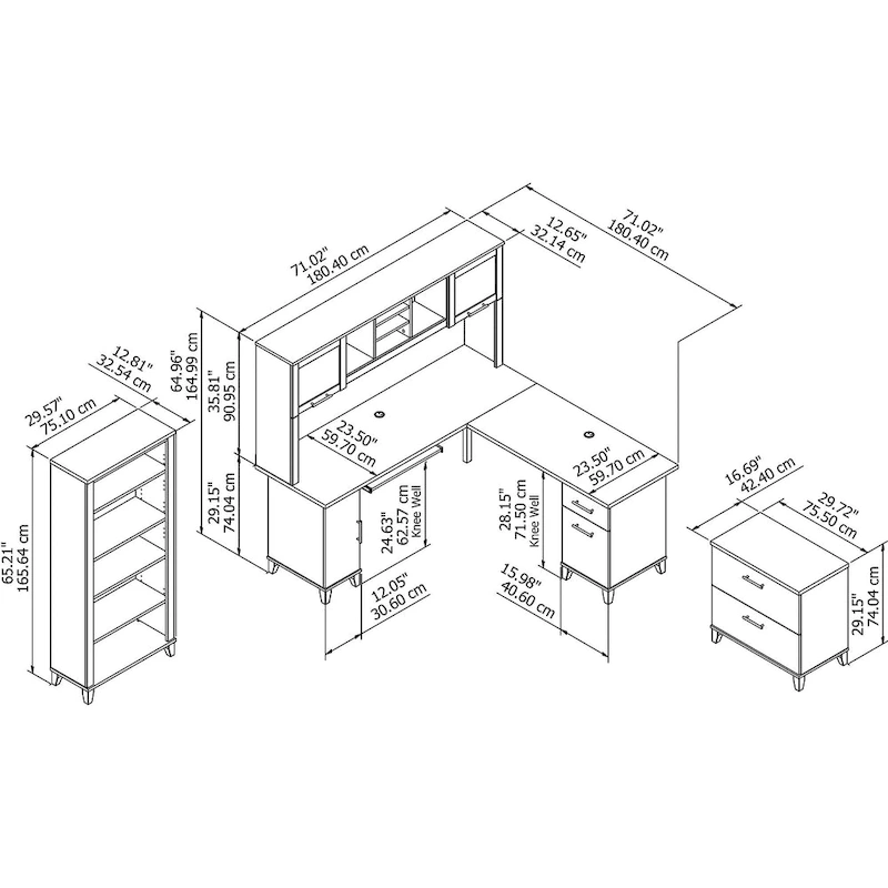 Somerset 72W L Shaped Desk with Hutch, Cabinet and Bookcase in Gray