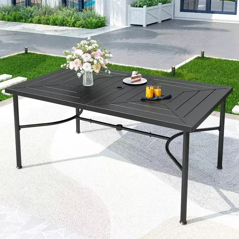Outdoor Stainless Steel Rectangle Dining Table with Umbrella Hole - Captiva Designs: Powder-Coated, Seats 6, Weather-Resistant