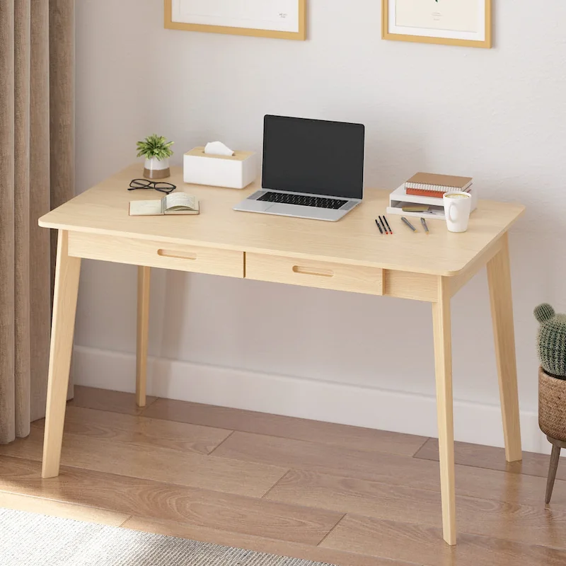Beige Wooden Computer Desk with 2 Sliding Drawers – Modern Minimalist Style, Home Office Use