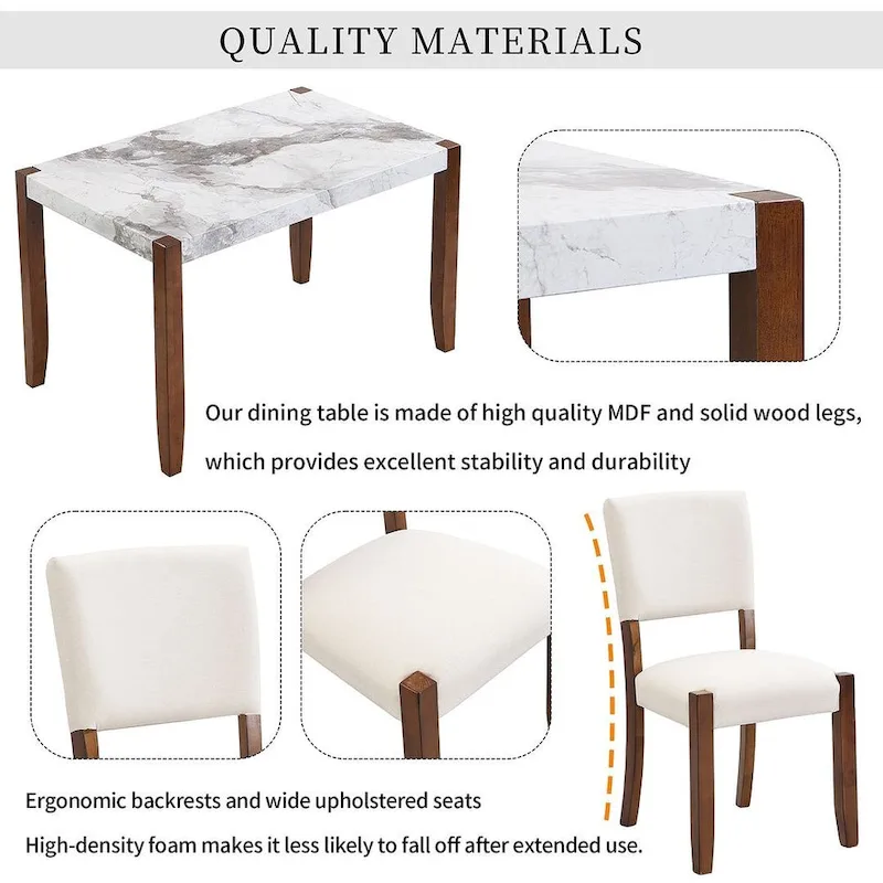 4-piece Dining Set with Faux Marble Style Table and 2 Upholstered Chairs & Bench with Wood Legs