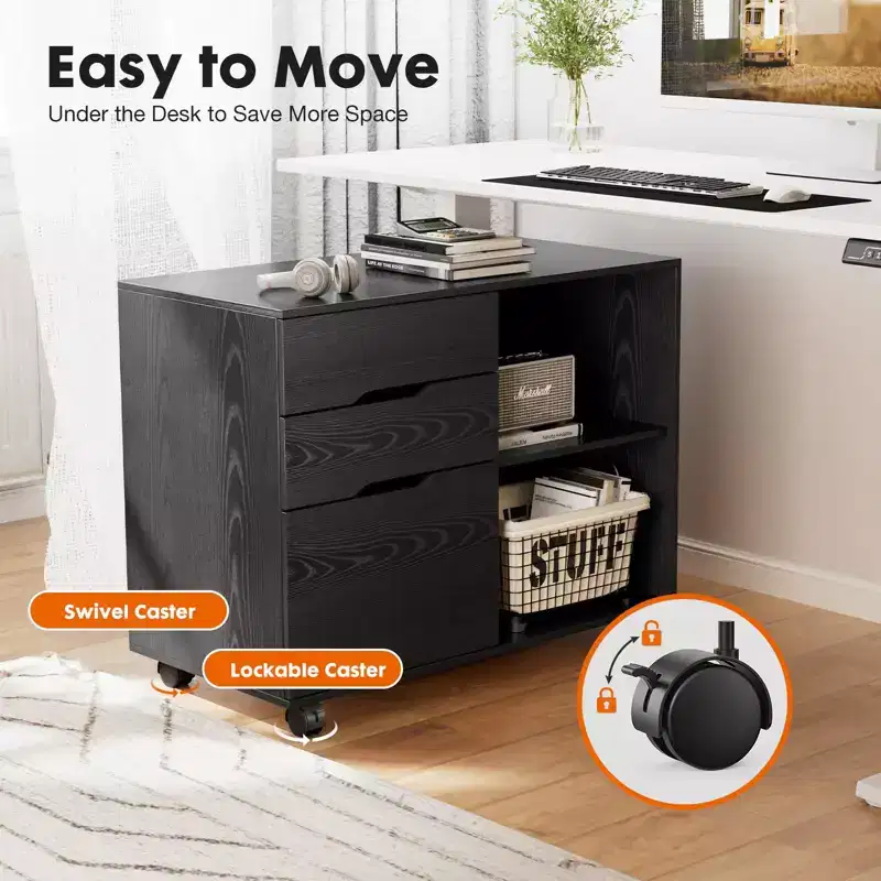 Okak Modern 3-Layer Mobile Filing Cabinet with Wooden Drawers & Wheels,Lateral Storage File Cabinet for Home Office,Study