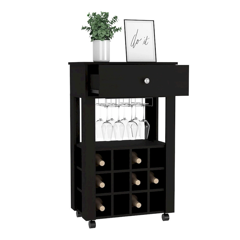 Bar Cart , Twelve Wine Cubbies, Four Legs, Black Wengue Finish