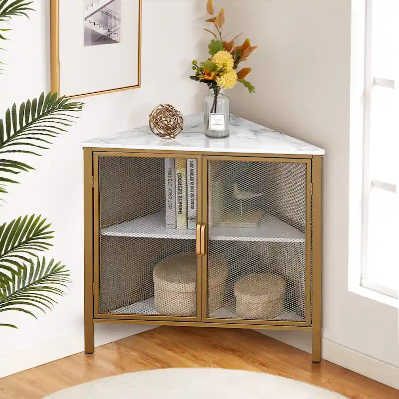 Corner Table Modern Triangle 3-tier Storage Shelf with 2 Doors for Living Room Bedroom Office