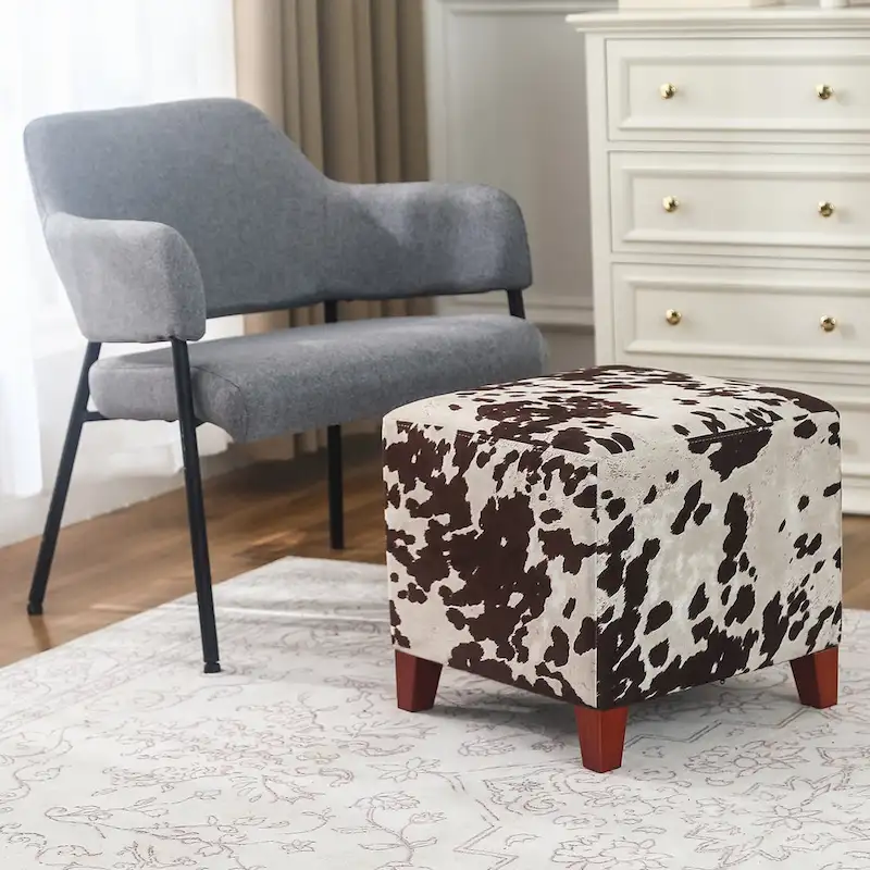 Adeco British Style Cow Print Cube Ottoman Home Bench Classy Footstool