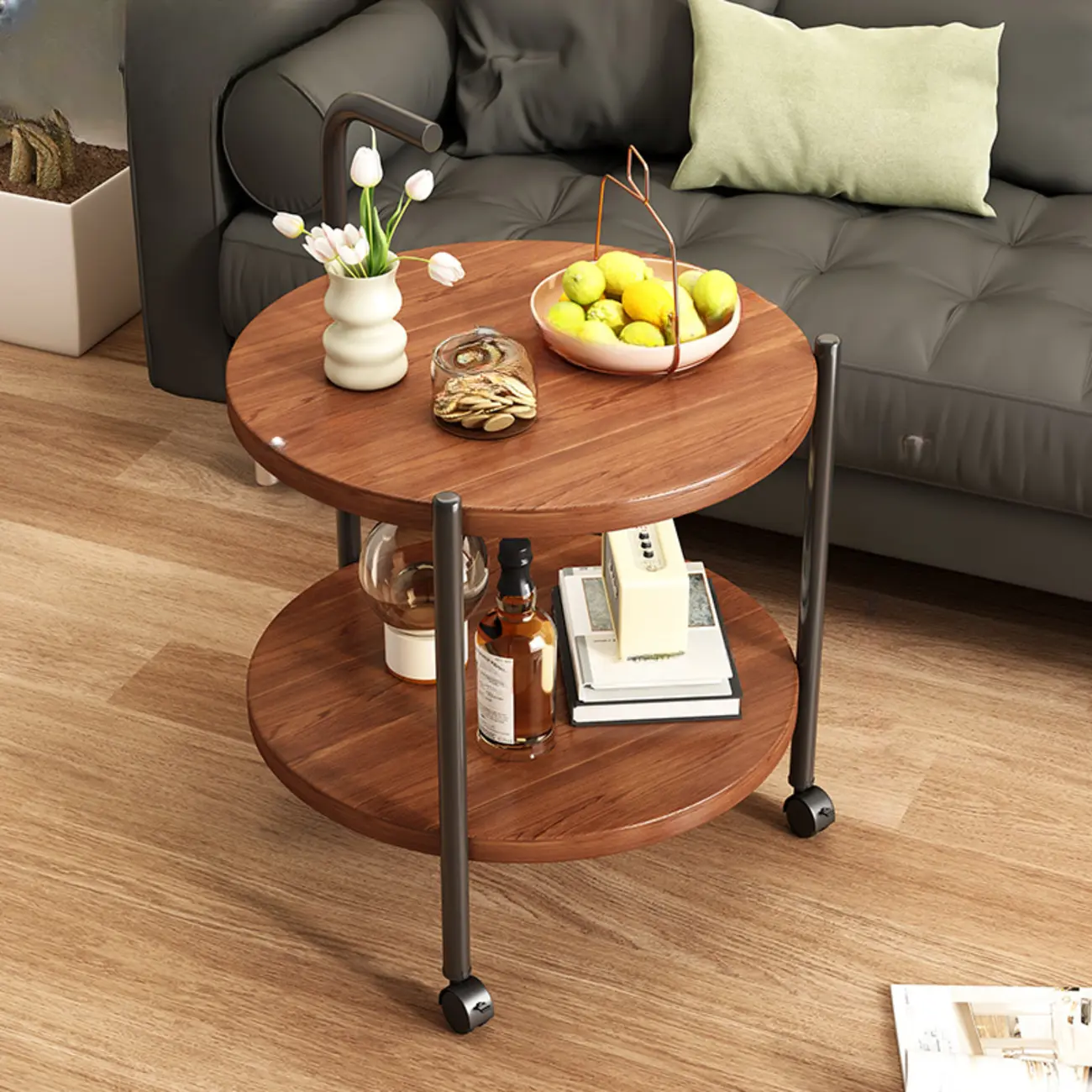Modern 2-Tier Wood Round Coffee Table with Wheels, Tray