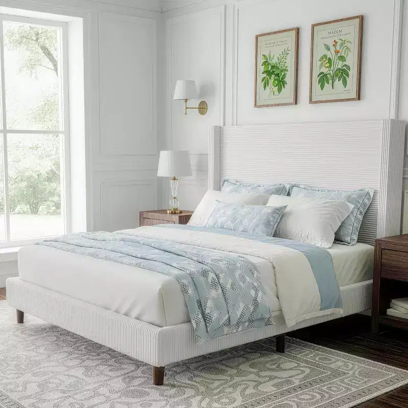 Dyonery Queen Bed Frame with 56 Tall Corduroy Headboard,Upholstered Bed Frames with Wingback Thicker Wood,No Box Spring Needed,Easy Assembly