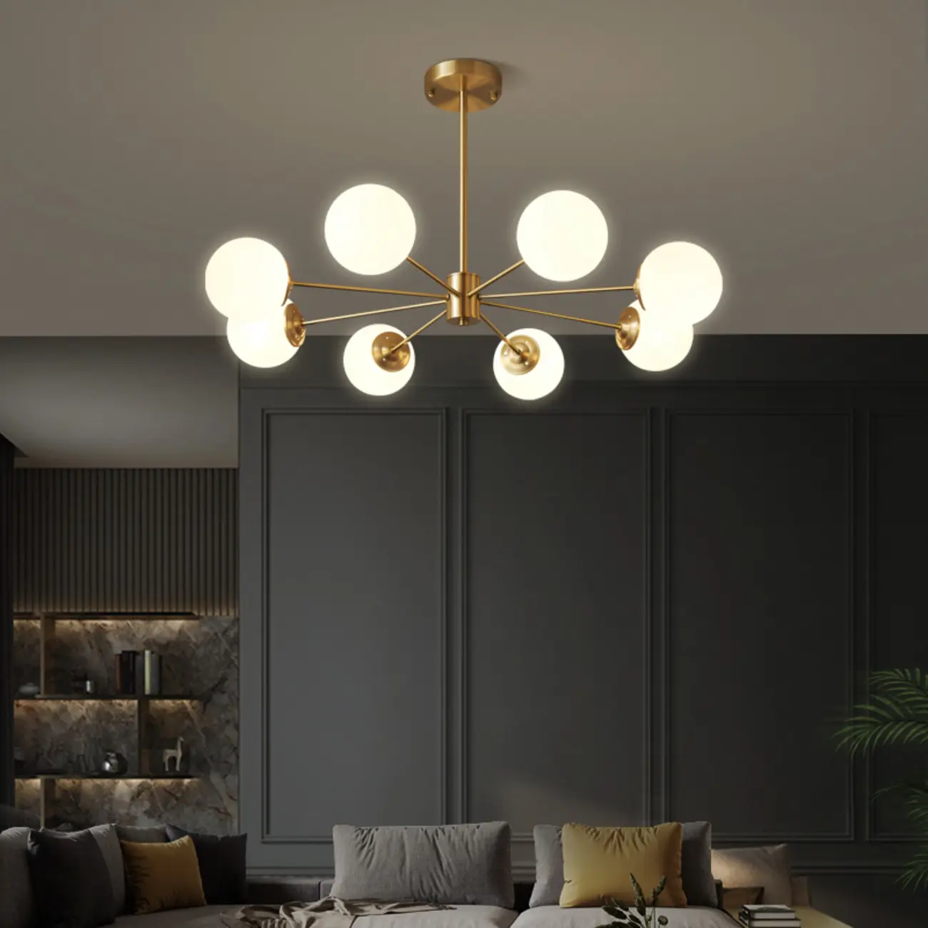 Modern Gold Sputnik Chandelier with White Glass Globe