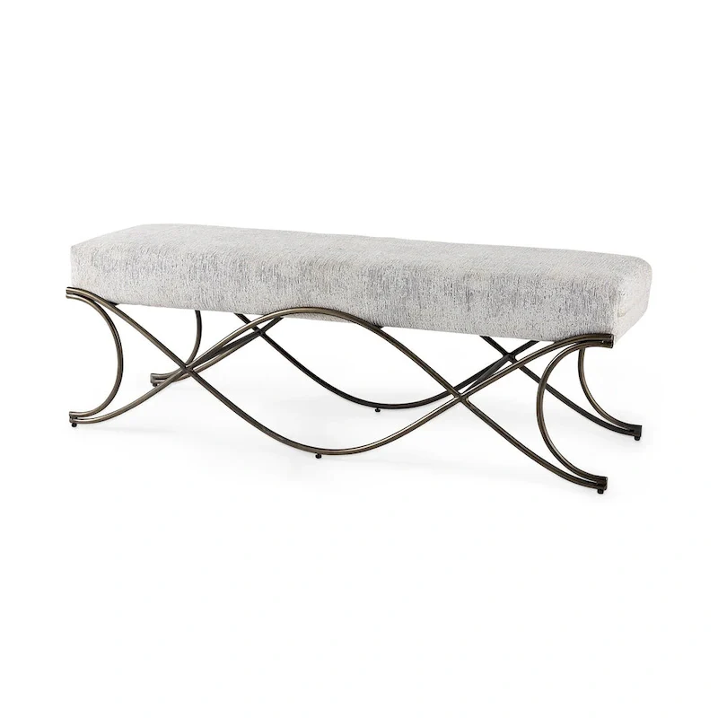 Gray Fabric Upholstered Bench with Gold Metal Legs