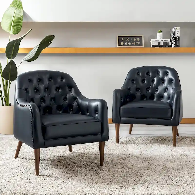Melisa Classic Genuine Leather Wood Legs Barrel Chair With Tufted Back Set Of 2 By HULALA HOME