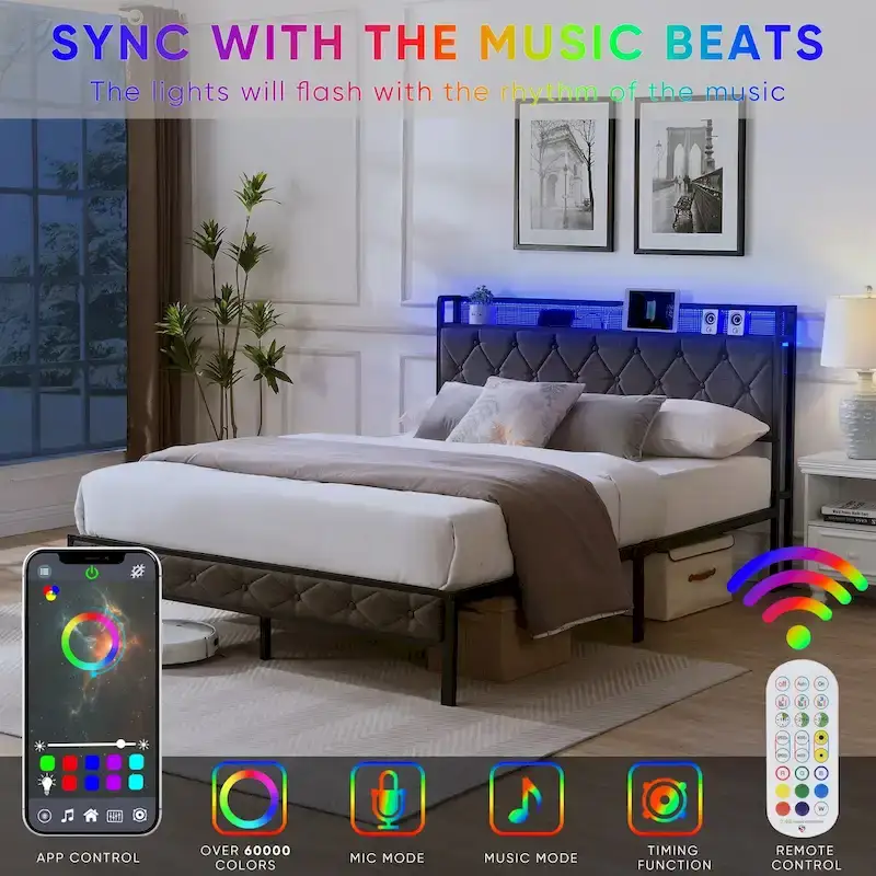 Bed Frame with Storage Headboard Charging Station and LED Lights