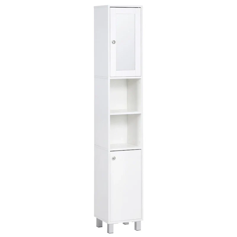 White Particleboard Tall Bathroom Storage Tower with Mirror Door, 2 Cabinets & 2 Open Shelves