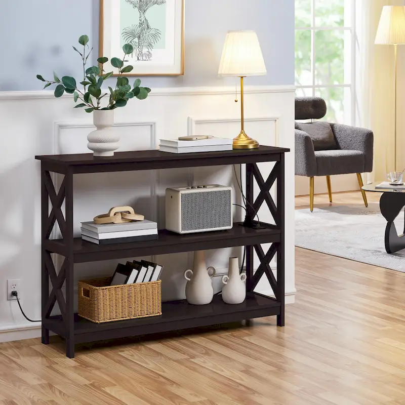 Yaheetech 3-Tier Wooden Console Table with Power Outlet Sofa Side Table