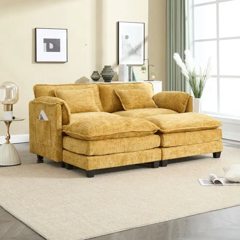 76.77 Chenille Upholstered Sofa with 2 Ottomans