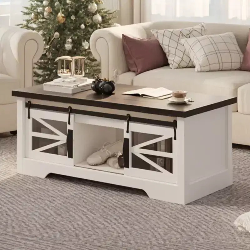 47.2 in Farmhouse Rustic Lift Top Coffee Table, Multifunction Center Table with Sliding Barn Door, Lifting Table Top & Adjustable Shelf