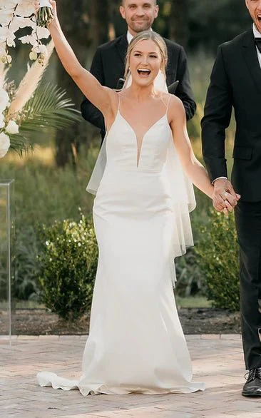 Sexy Plunging Neckline Mermaid Satin Wedding Dress With Sweep Train