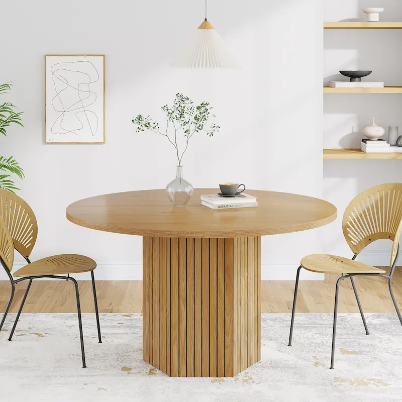 Wood Round Dining Table for 4-6 with Hexagonal Pedestal Base