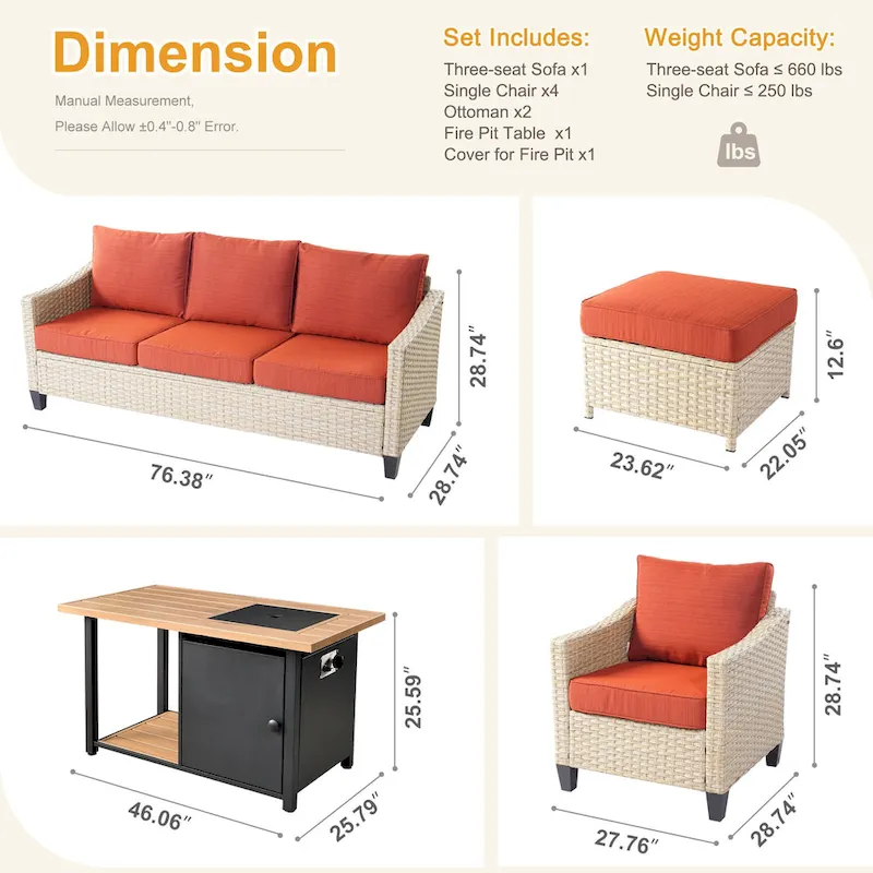 HOOOWOOO 8-piece Patio Wicker Rattan Conversation Set with Multifunctional Fire Pit Table